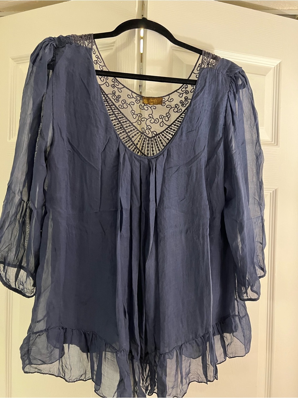 Boho Sheer Blue Embroidered V-Neck Blouse